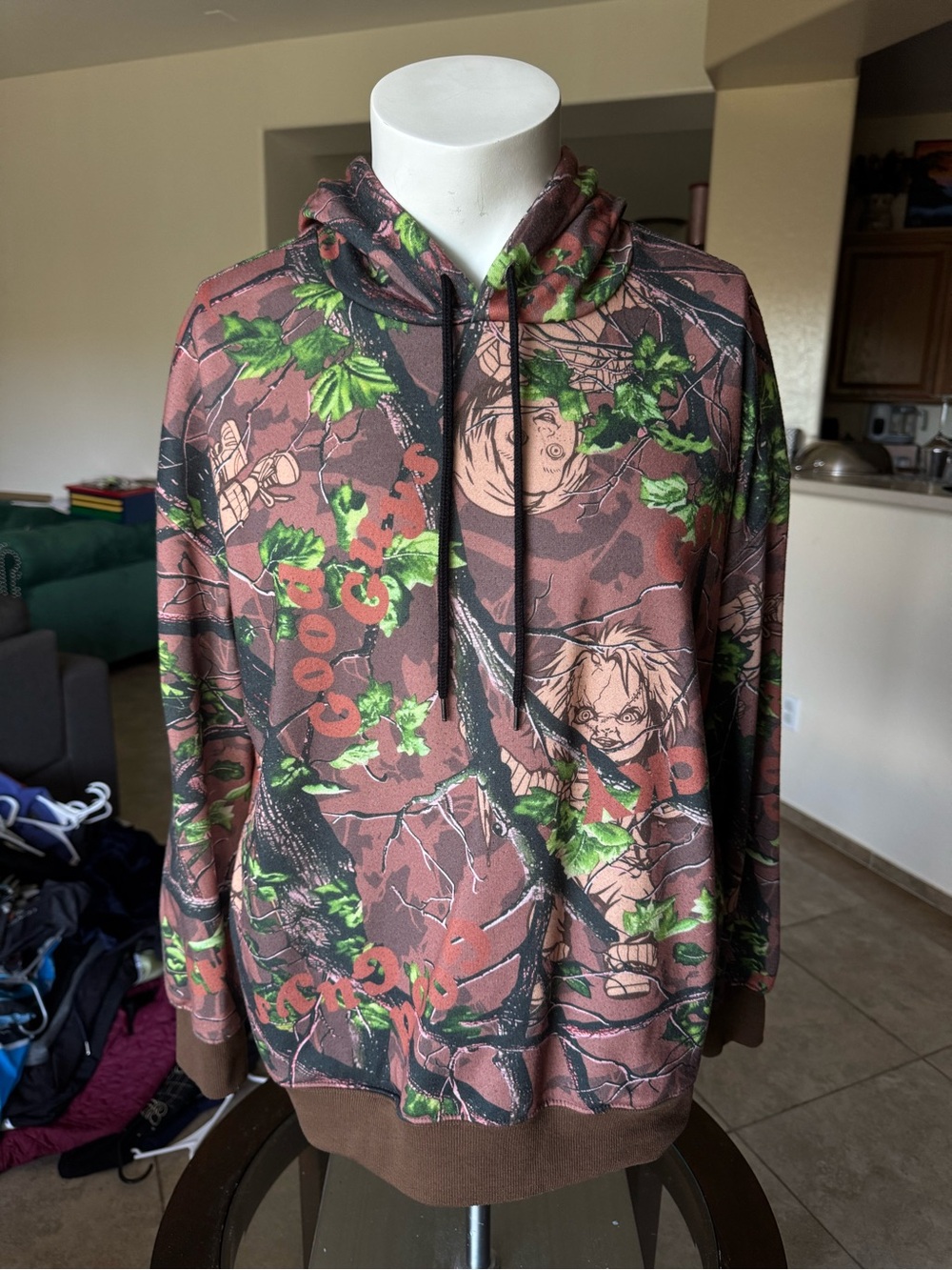 Men's Brown Hoodie with Green Leaf Graphic Print